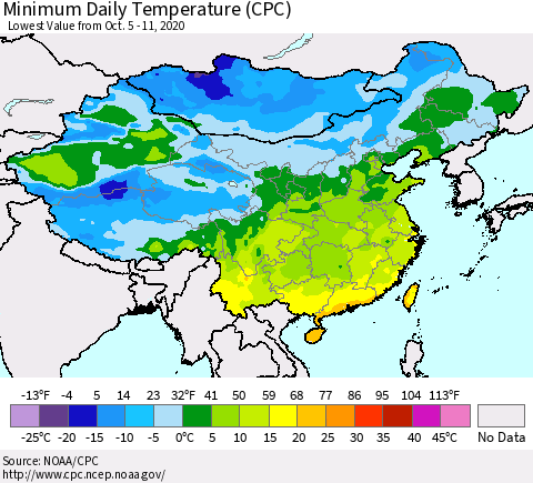 China, Mongolia and Taiwan Minimum Daily Temperature (CPC) Thematic Map For 10/5/2020 - 10/11/2020