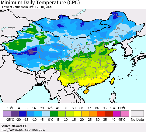 China, Mongolia and Taiwan Minimum Daily Temperature (CPC) Thematic Map For 10/12/2020 - 10/18/2020