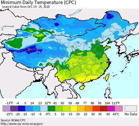 China, Mongolia and Taiwan Minimum Daily Temperature (CPC) Thematic Map For 10/19/2020 - 10/25/2020