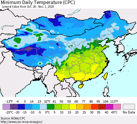 China, Mongolia and Taiwan Minimum Daily Temperature (CPC) Thematic Map For 10/26/2020 - 11/1/2020
