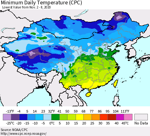 China, Mongolia and Taiwan Minimum Daily Temperature (CPC) Thematic Map For 11/2/2020 - 11/8/2020
