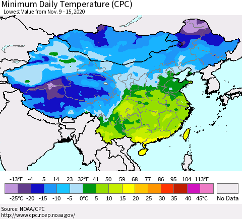 China, Mongolia and Taiwan Minimum Daily Temperature (CPC) Thematic Map For 11/9/2020 - 11/15/2020