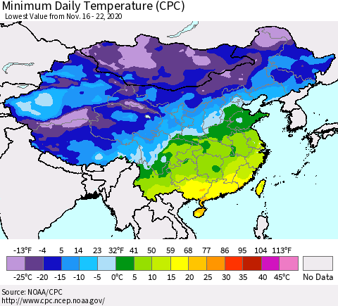 China, Mongolia and Taiwan Minimum Daily Temperature (CPC) Thematic Map For 11/16/2020 - 11/22/2020