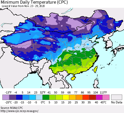 China, Mongolia and Taiwan Minimum Daily Temperature (CPC) Thematic Map For 11/23/2020 - 11/29/2020