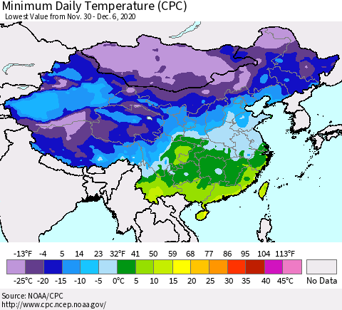 China, Mongolia and Taiwan Minimum Daily Temperature (CPC) Thematic Map For 11/30/2020 - 12/6/2020