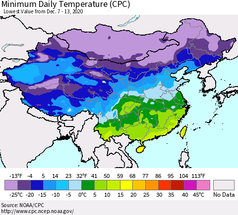 China, Mongolia and Taiwan Minimum Daily Temperature (CPC) Thematic Map For 12/7/2020 - 12/13/2020