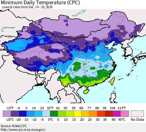 China, Mongolia and Taiwan Minimum Daily Temperature (CPC) Thematic Map For 12/14/2020 - 12/20/2020