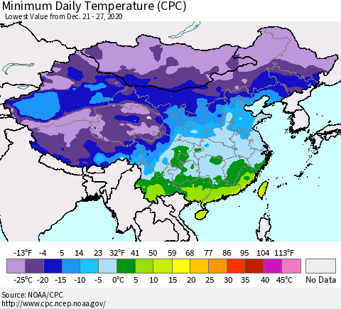 China, Mongolia and Taiwan Minimum Daily Temperature (CPC) Thematic Map For 12/21/2020 - 12/27/2020