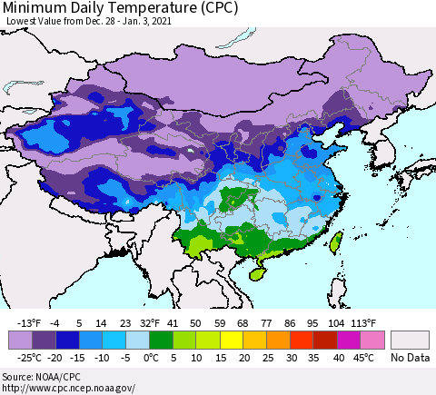 China, Mongolia and Taiwan Minimum Daily Temperature (CPC) Thematic Map For 12/28/2020 - 1/3/2021