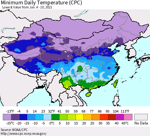 China, Mongolia and Taiwan Minimum Daily Temperature (CPC) Thematic Map For 1/4/2021 - 1/10/2021