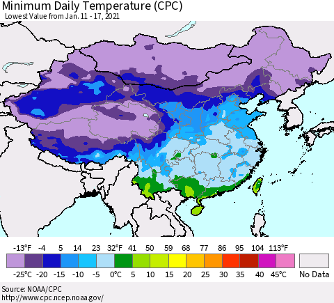 China, Mongolia and Taiwan Minimum Daily Temperature (CPC) Thematic Map For 1/11/2021 - 1/17/2021