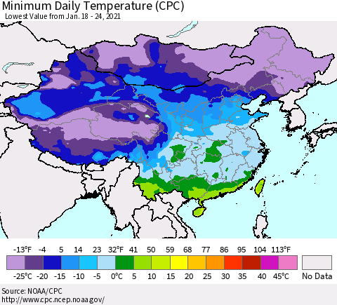 China, Mongolia and Taiwan Minimum Daily Temperature (CPC) Thematic Map For 1/18/2021 - 1/24/2021