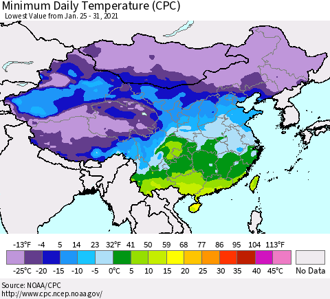 China, Mongolia and Taiwan Minimum Daily Temperature (CPC) Thematic Map For 1/25/2021 - 1/31/2021