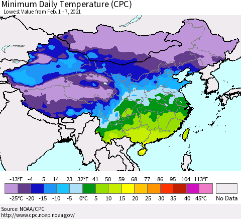 China, Mongolia and Taiwan Minimum Daily Temperature (CPC) Thematic Map For 2/1/2021 - 2/7/2021