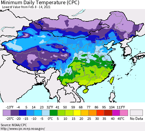 China, Mongolia and Taiwan Minimum Daily Temperature (CPC) Thematic Map For 2/8/2021 - 2/14/2021