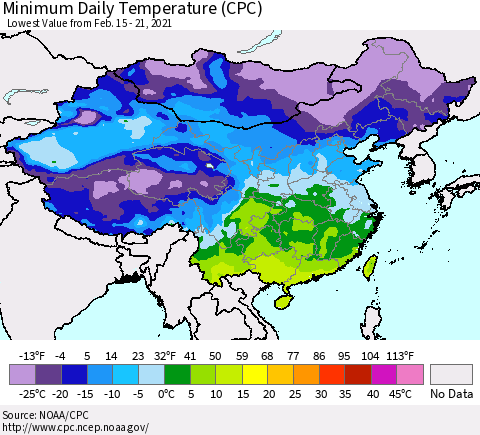 China, Mongolia and Taiwan Minimum Daily Temperature (CPC) Thematic Map For 2/15/2021 - 2/21/2021