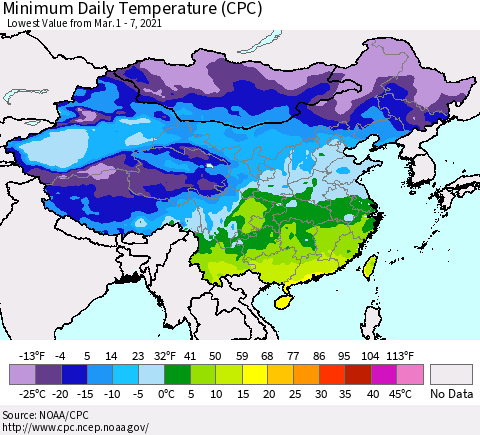 China, Mongolia and Taiwan Minimum Daily Temperature (CPC) Thematic Map For 3/1/2021 - 3/7/2021