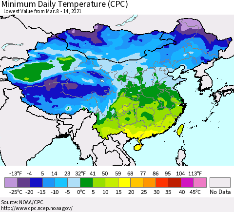 China, Mongolia and Taiwan Minimum Daily Temperature (CPC) Thematic Map For 3/8/2021 - 3/14/2021