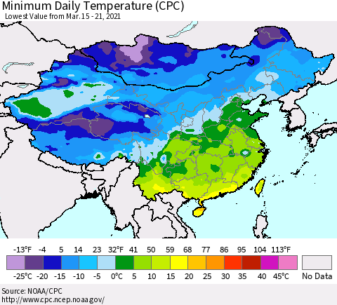 China, Mongolia and Taiwan Minimum Daily Temperature (CPC) Thematic Map For 3/15/2021 - 3/21/2021