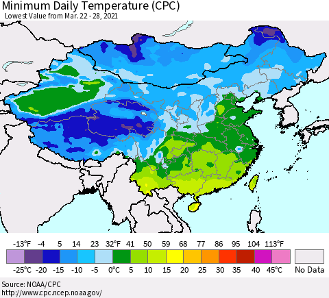 China, Mongolia and Taiwan Minimum Daily Temperature (CPC) Thematic Map For 3/22/2021 - 3/28/2021