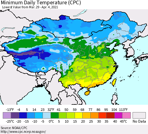 China, Mongolia and Taiwan Minimum Daily Temperature (CPC) Thematic Map For 3/29/2021 - 4/4/2021