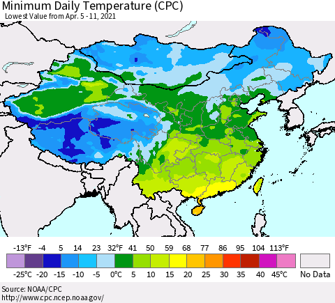 China, Mongolia and Taiwan Minimum Daily Temperature (CPC) Thematic Map For 4/5/2021 - 4/11/2021