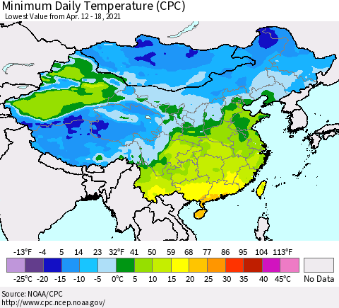 China, Mongolia and Taiwan Minimum Daily Temperature (CPC) Thematic Map For 4/12/2021 - 4/18/2021