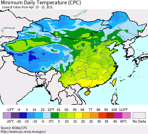China, Mongolia and Taiwan Minimum Daily Temperature (CPC) Thematic Map For 4/19/2021 - 4/25/2021