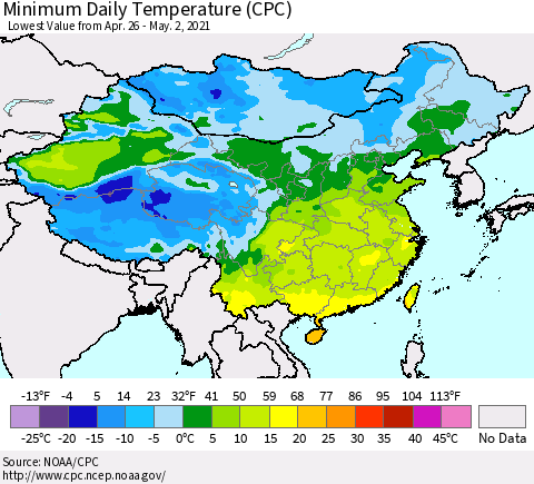 China, Mongolia and Taiwan Minimum Daily Temperature (CPC) Thematic Map For 4/26/2021 - 5/2/2021