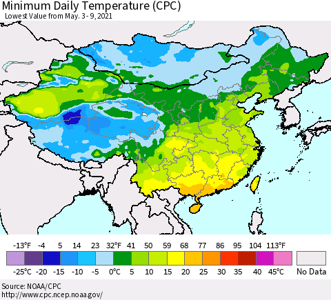 China, Mongolia and Taiwan Minimum Daily Temperature (CPC) Thematic Map For 5/3/2021 - 5/9/2021