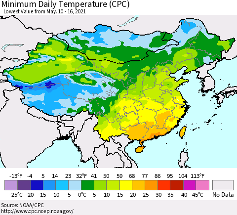 China, Mongolia and Taiwan Minimum Daily Temperature (CPC) Thematic Map For 5/10/2021 - 5/16/2021