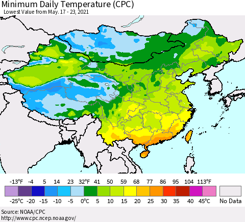 China, Mongolia and Taiwan Minimum Daily Temperature (CPC) Thematic Map For 5/17/2021 - 5/23/2021