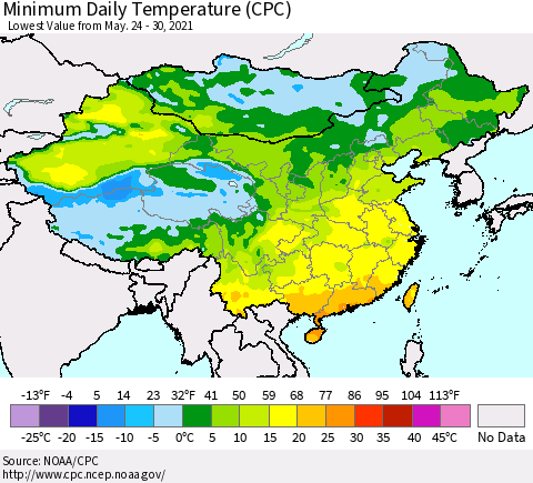 China, Mongolia and Taiwan Minimum Daily Temperature (CPC) Thematic Map For 5/24/2021 - 5/30/2021