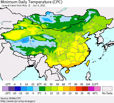 China, Mongolia and Taiwan Minimum Daily Temperature (CPC) Thematic Map For 5/31/2021 - 6/6/2021