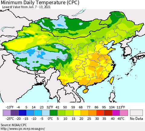 China, Mongolia and Taiwan Minimum Daily Temperature (CPC) Thematic Map For 6/7/2021 - 6/13/2021