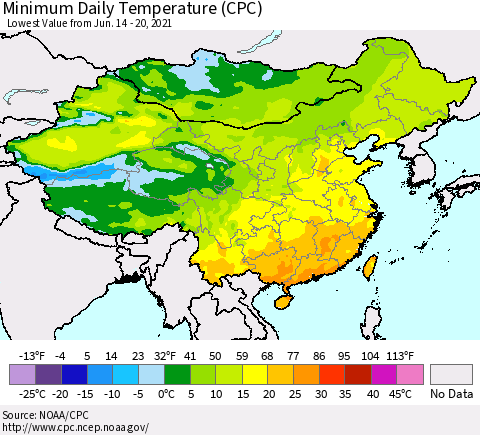 China, Mongolia and Taiwan Minimum Daily Temperature (CPC) Thematic Map For 6/14/2021 - 6/20/2021