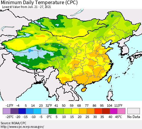 China, Mongolia and Taiwan Minimum Daily Temperature (CPC) Thematic Map For 6/21/2021 - 6/27/2021
