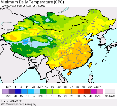 China, Mongolia and Taiwan Minimum Daily Temperature (CPC) Thematic Map For 6/28/2021 - 7/4/2021