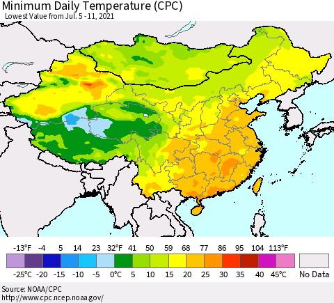 China, Mongolia and Taiwan Minimum Daily Temperature (CPC) Thematic Map For 7/5/2021 - 7/11/2021
