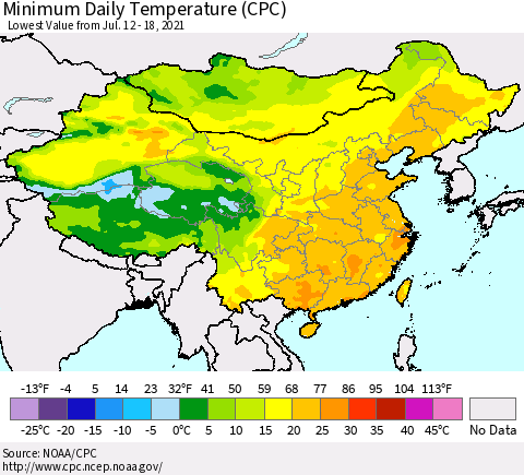 China, Mongolia and Taiwan Minimum Daily Temperature (CPC) Thematic Map For 7/12/2021 - 7/18/2021