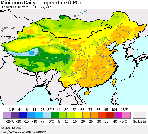 China, Mongolia and Taiwan Minimum Daily Temperature (CPC) Thematic Map For 7/19/2021 - 7/25/2021