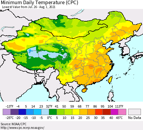 China, Mongolia and Taiwan Minimum Daily Temperature (CPC) Thematic Map For 7/26/2021 - 8/1/2021