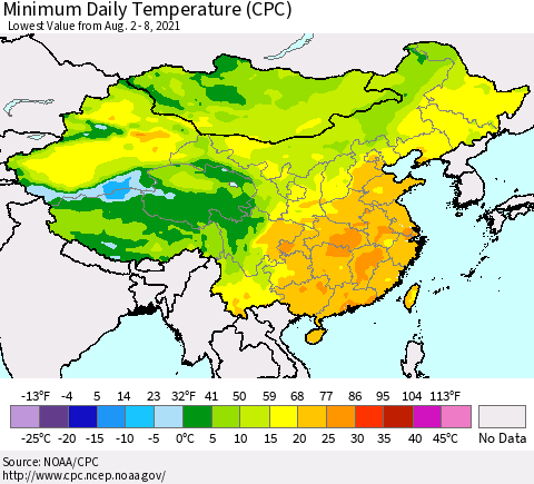 China, Mongolia and Taiwan Minimum Daily Temperature (CPC) Thematic Map For 8/2/2021 - 8/8/2021
