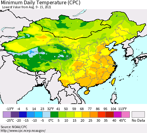 China, Mongolia and Taiwan Minimum Daily Temperature (CPC) Thematic Map For 8/9/2021 - 8/15/2021
