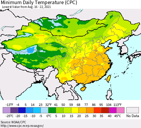 China, Mongolia and Taiwan Minimum Daily Temperature (CPC) Thematic Map For 8/16/2021 - 8/22/2021