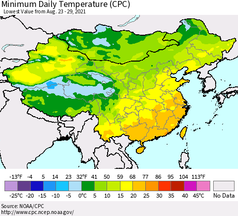 China, Mongolia and Taiwan Minimum Daily Temperature (CPC) Thematic Map For 8/23/2021 - 8/29/2021