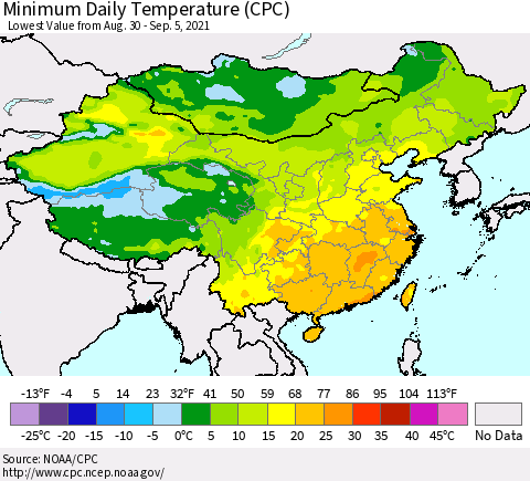China, Mongolia and Taiwan Minimum Daily Temperature (CPC) Thematic Map For 8/30/2021 - 9/5/2021