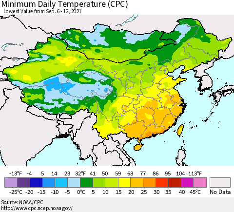 China, Mongolia and Taiwan Minimum Daily Temperature (CPC) Thematic Map For 9/6/2021 - 9/12/2021