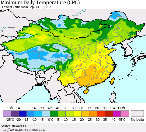 China, Mongolia and Taiwan Minimum Daily Temperature (CPC) Thematic Map For 9/13/2021 - 9/19/2021