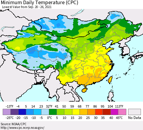 China, Mongolia and Taiwan Minimum Daily Temperature (CPC) Thematic Map For 9/20/2021 - 9/26/2021